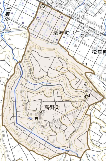 高野町とその周辺の地図。町の範囲を重ねている