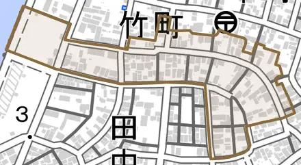 竹町とその周辺の地図。町の範囲を重ねている