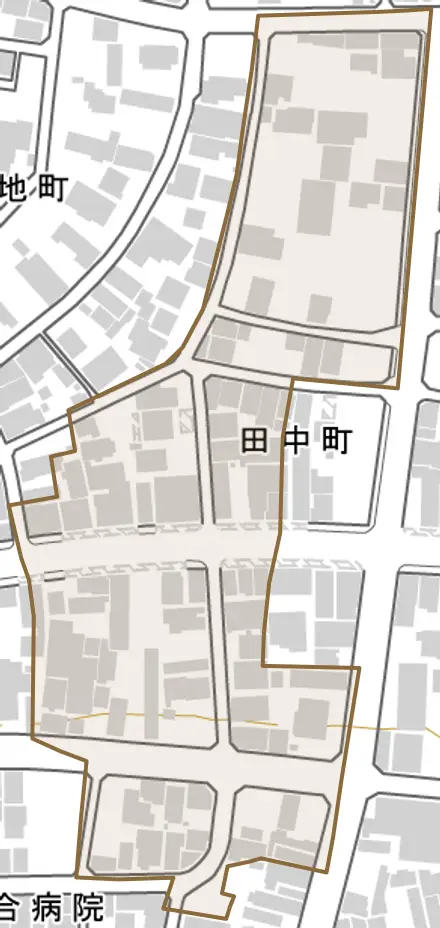 田中町とその周辺の地図。町の範囲を重ねている