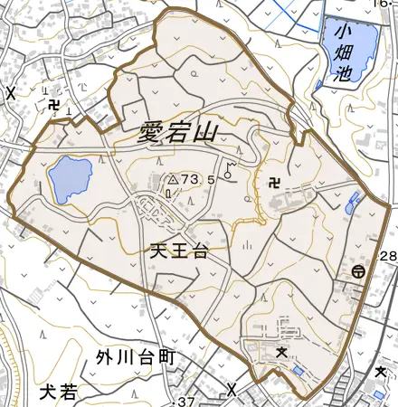 天王台とその周辺の地図。町の範囲を重ねている
