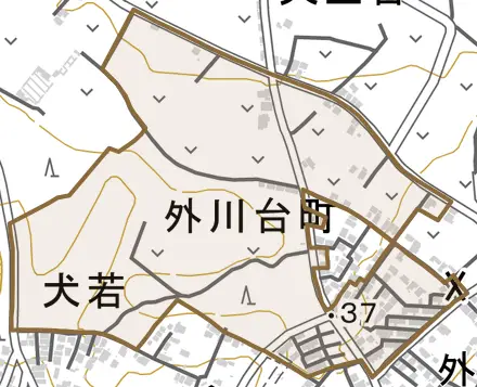 外川台町とその周辺の地図。町の範囲を重ねている