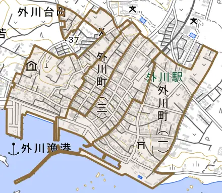 外川町とその周辺の地図。町の範囲を重ねている