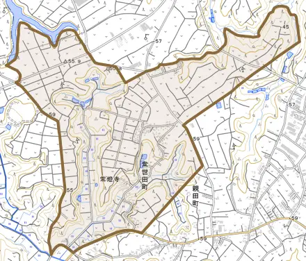 常世田町とその周辺の地図。町の範囲を重ねている
