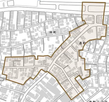 通町とその周辺の地図。町の範囲を重ねている