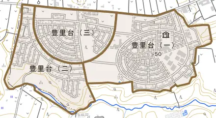 豊里台とその周辺の地図。町の範囲を重ねている