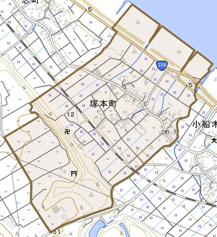 塚本町とその周辺の地図。町の範囲を重ねている