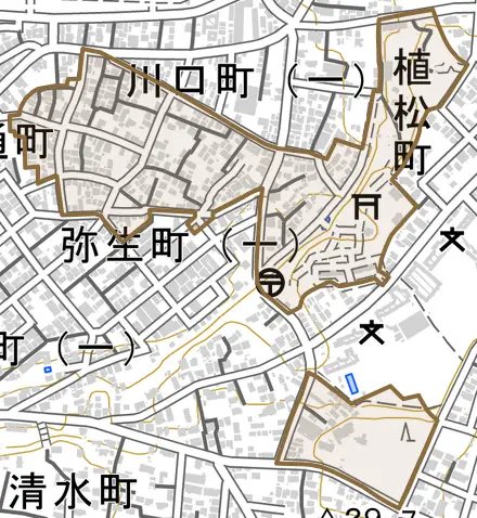 植松町とその周辺の地図。町の範囲を重ねている