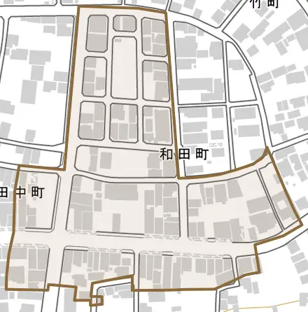 和田町とその周辺の地図。町の範囲を重ねている