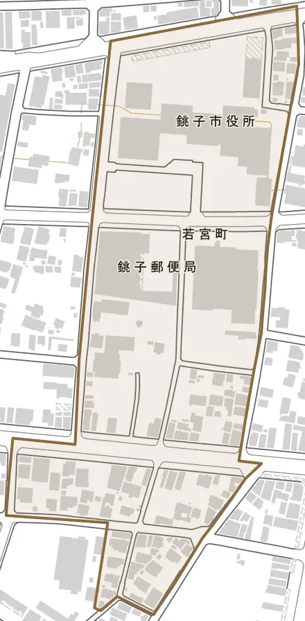 若宮町とその周辺の地図。町の範囲を重ねている