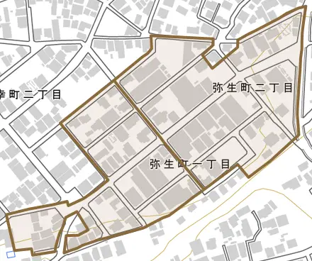 弥生町とその周辺の地図。町の範囲を重ねている