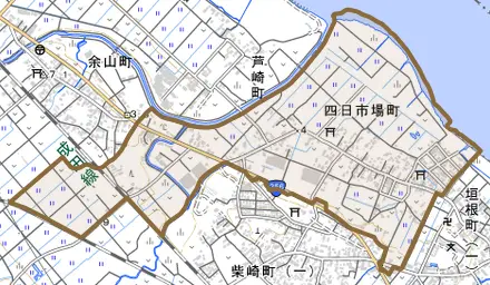四日市場町とその周辺の地図。町の範囲を重ねている