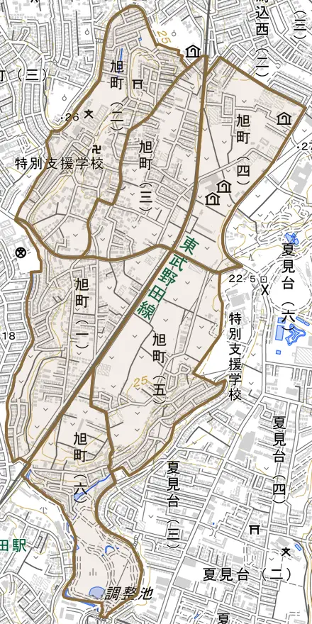 旭町とその周辺の地図。町の範囲を重ねている