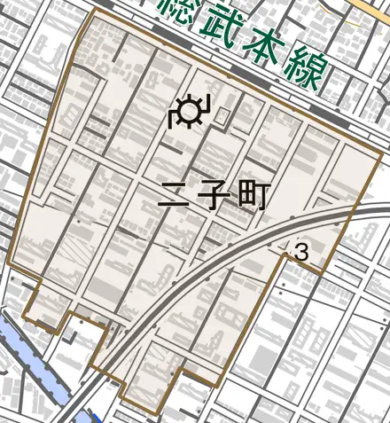 二子町とその周辺の地図。町の範囲を重ねている
