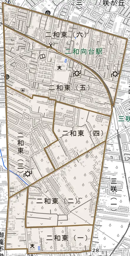 二和東とその周辺の地図。町の範囲を重ねている