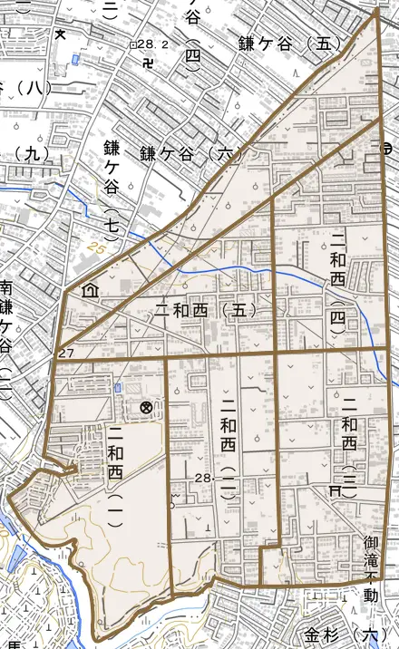 二和西とその周辺の地図。町の範囲を重ねている