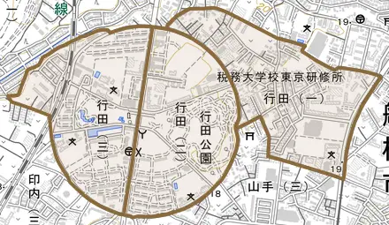 行田とその周辺の地図。町の範囲を重ねている