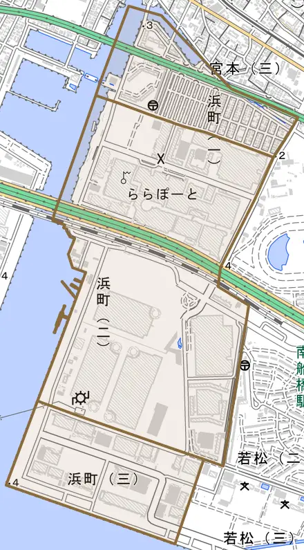 浜町とその周辺の地図。町の範囲を重ねている