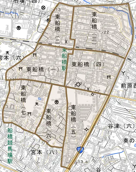 東船橋とその周辺の地図。町の範囲を重ねている