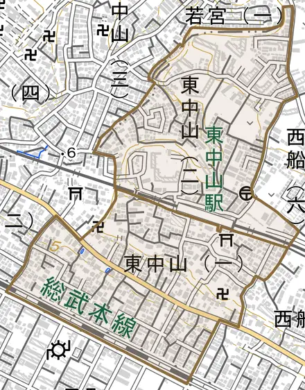 東中山とその周辺の地図。町の範囲を重ねている