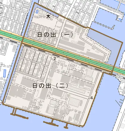 日の出とその周辺の地図。町の範囲を重ねている