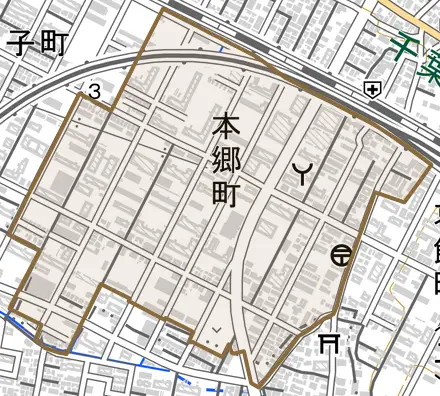 本郷町とその周辺の地図。町の範囲を重ねている