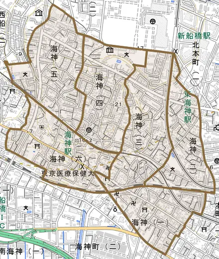 海神とその周辺の地図。町の範囲を重ねている