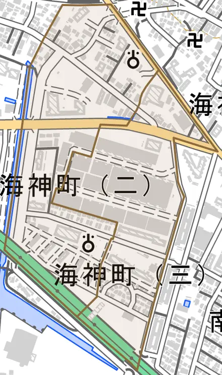 海神町とその周辺の地図。町の範囲を重ねている