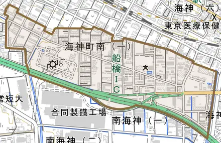 海神町南とその周辺の地図。町の範囲を重ねている