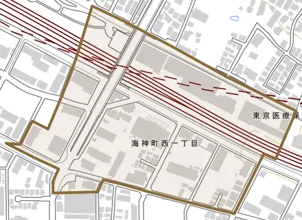 海神町西とその周辺の地図。町の範囲を重ねている