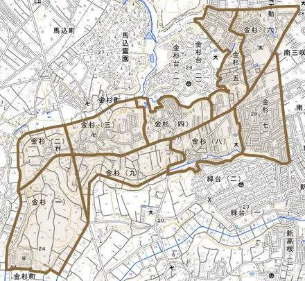 金杉とその周辺の地図。町の範囲を重ねている