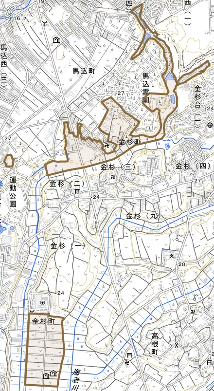 金杉町とその周辺の地図。町の範囲を重ねている