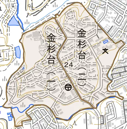 金杉台とその周辺の地図。町の範囲を重ねている