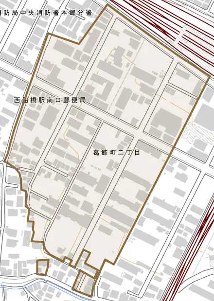 葛飾町とその周辺の地図。町の範囲を重ねている