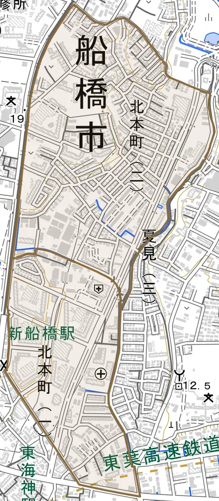 北本町とその周辺の地図。町の範囲を重ねている