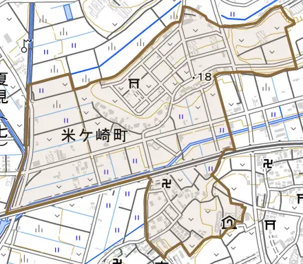 米ケ崎町とその周辺の地図。町の範囲を重ねている