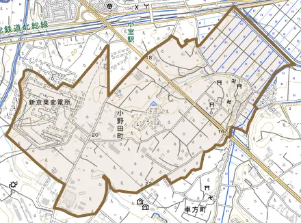 小野田町とその周辺の地図。町の範囲を重ねている