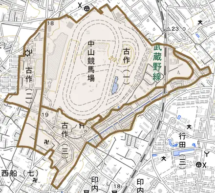 古作とその周辺の地図。町の範囲を重ねている