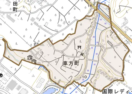 車方町とその周辺の地図。町の範囲を重ねている