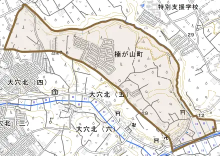 楠が山町とその周辺の地図。町の範囲を重ねている