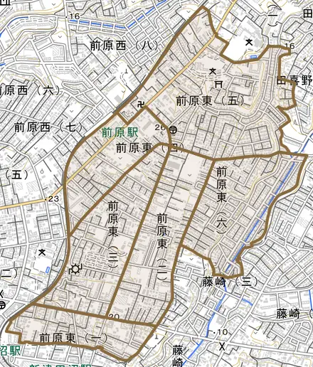 前原東とその周辺の地図。町の範囲を重ねている