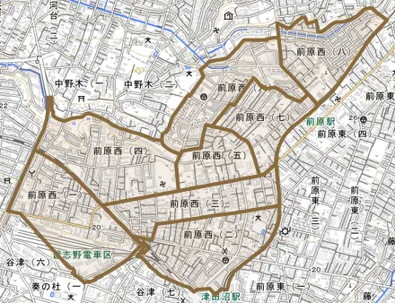 前原西とその周辺の地図。町の範囲を重ねている