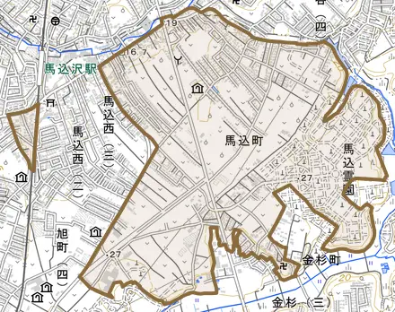 馬込町とその周辺の地図。町の範囲を重ねている