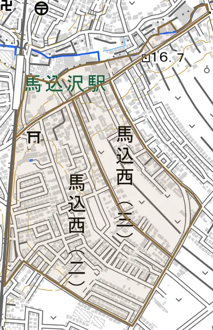 馬込西とその周辺の地図。町の範囲を重ねている