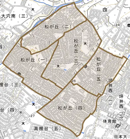 松が丘とその周辺の地図。町の範囲を重ねている