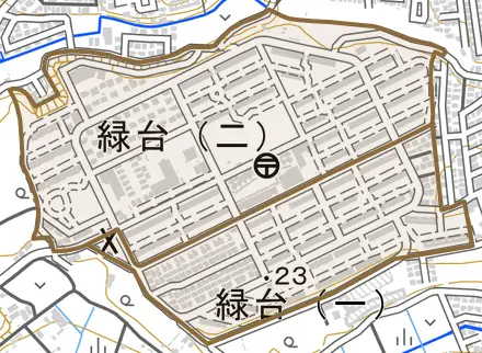 緑台とその周辺の地図。町の範囲を重ねている