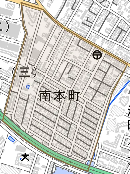 南本町とその周辺の地図。町の範囲を重ねている