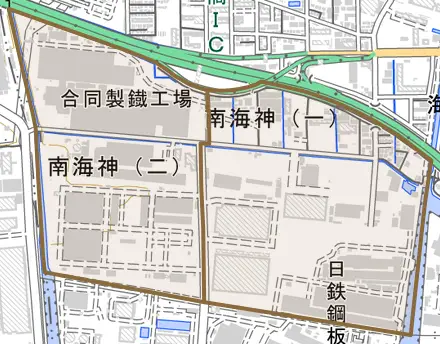 南海神とその周辺の地図。町の範囲を重ねている