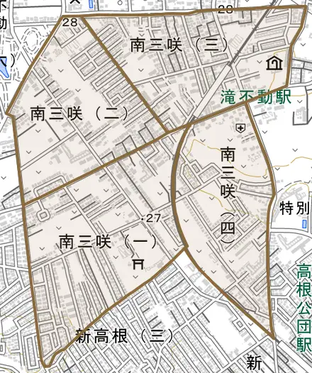 南三咲とその周辺の地図。町の範囲を重ねている