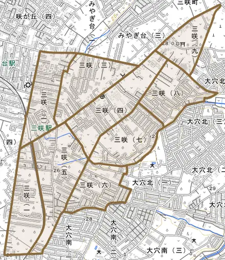 三咲とその周辺の地図。町の範囲を重ねている