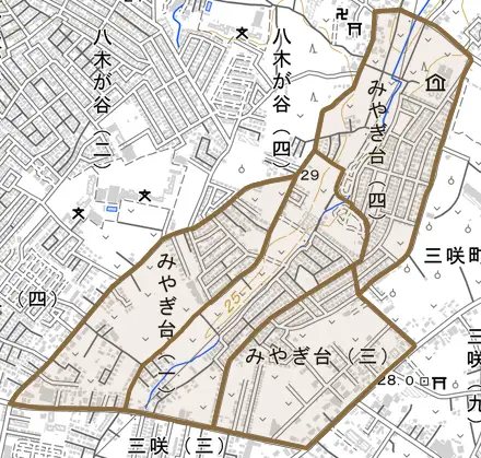 みやぎ台とその周辺の地図。町の範囲を重ねている